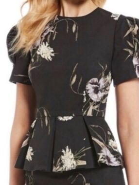 ANTONIO MELANI Black Floral Puff-Sleeve Top w/ Pleated Peplum, Lined,Zipper Sz:2